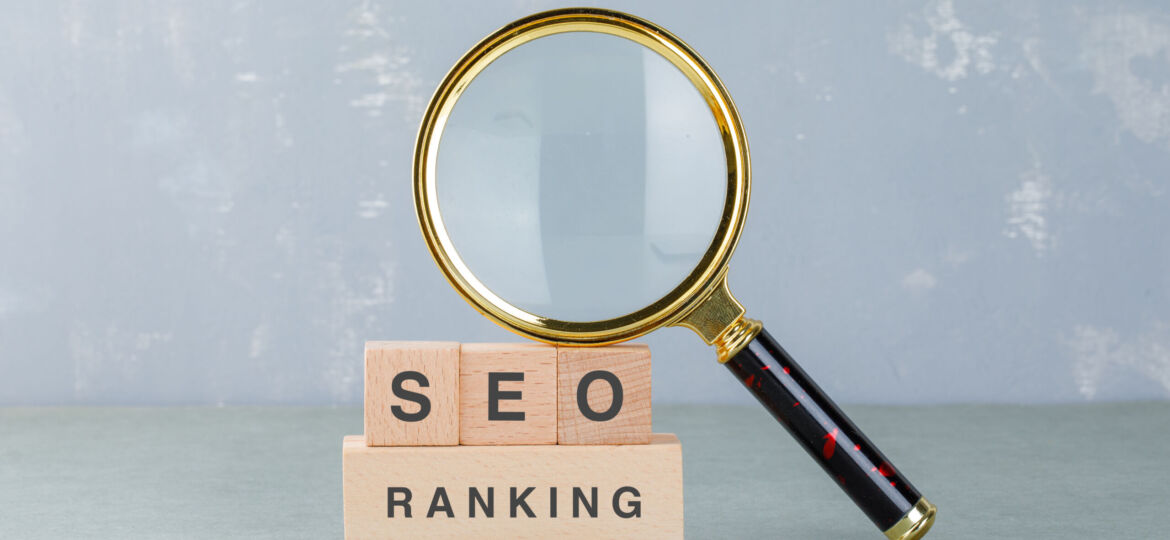 Conceptual of seo analysis and business. with wooden blocks with words on it, magnifying glass on sage color background side view. horizontal image